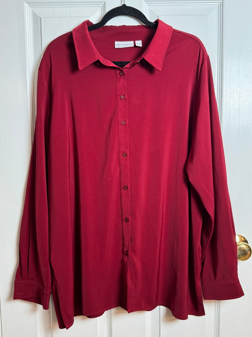 Susan Graver Red Button-Up Blouse Long Sleeve Collared Shirt